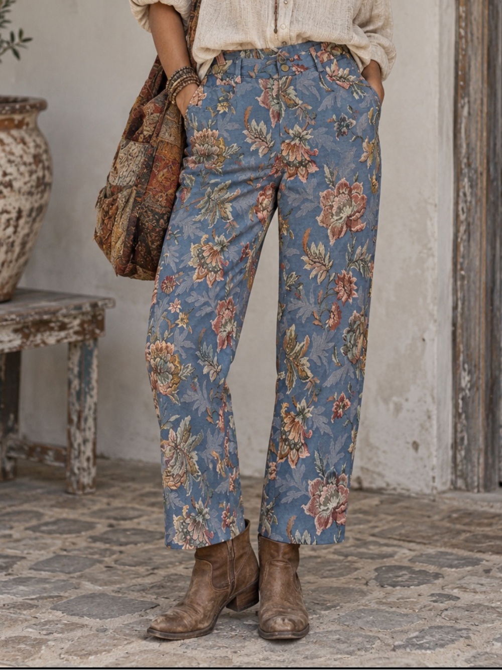 Molly Green Boho Floral High-Rise Tapestry Pants